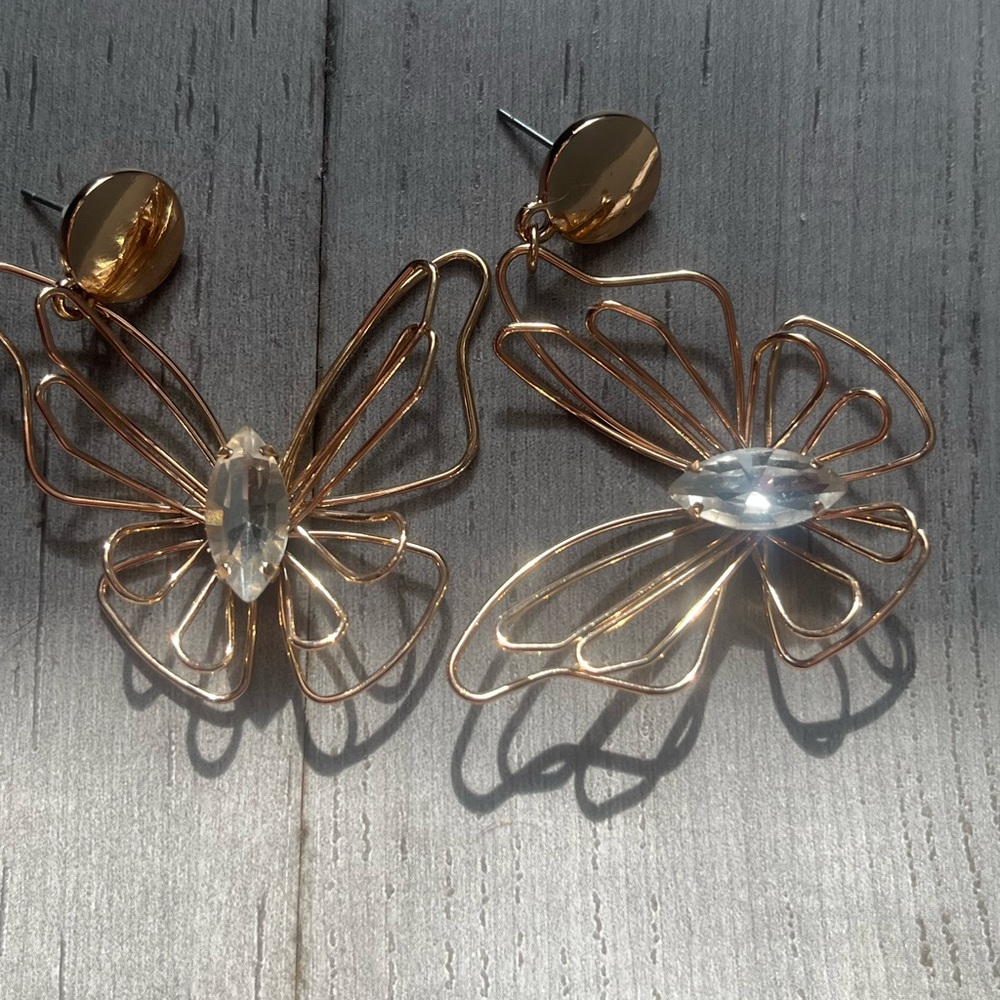 Gold Rhinestone Butterfly Earrings with Backs